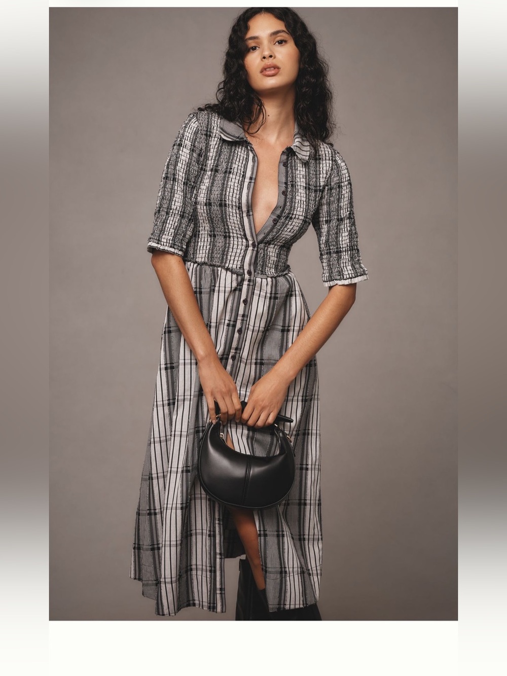 Anthro Button-Front Black & White Plaid Midi Dress